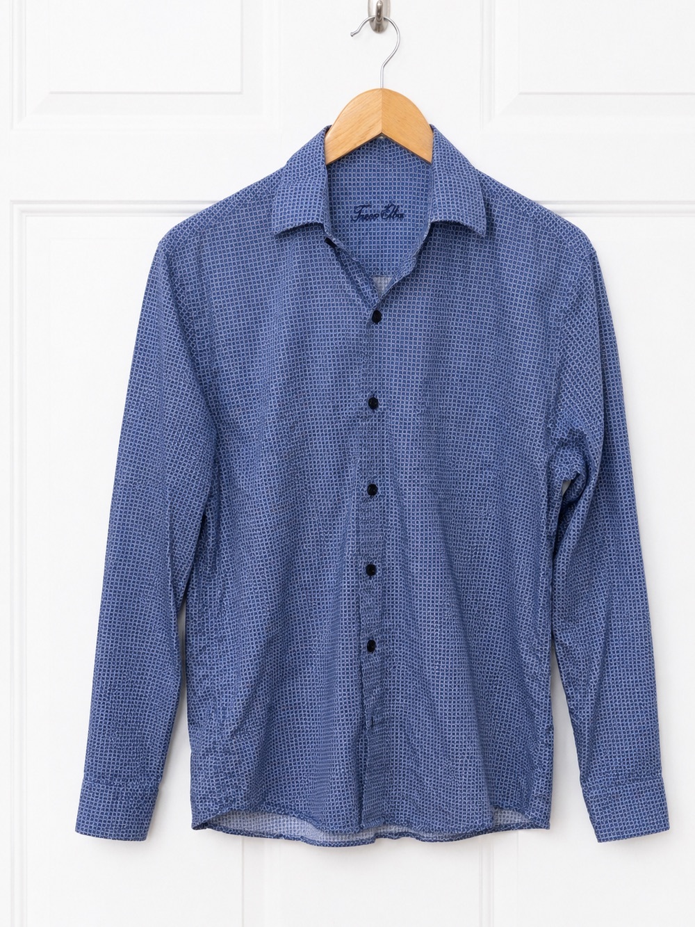 Tasso Elba Mens Blue Geometric Print Cotton Button Down Shirt Size S 14-14.5